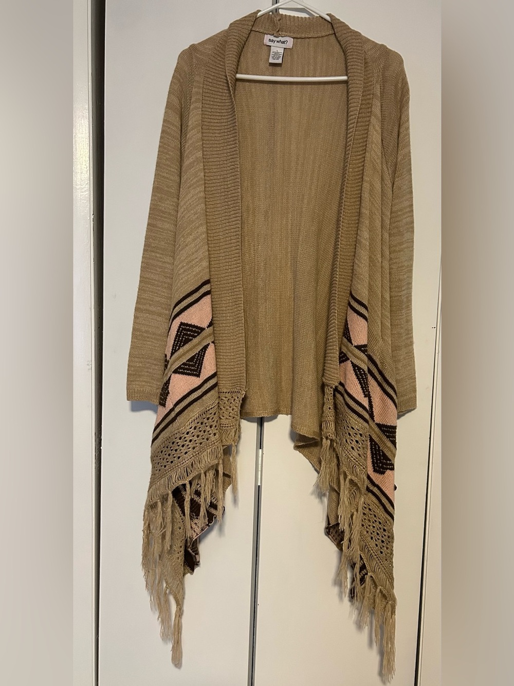 Say What? Boho Geometric Fringe Open Front Cardigan Sweater Tan Pink L